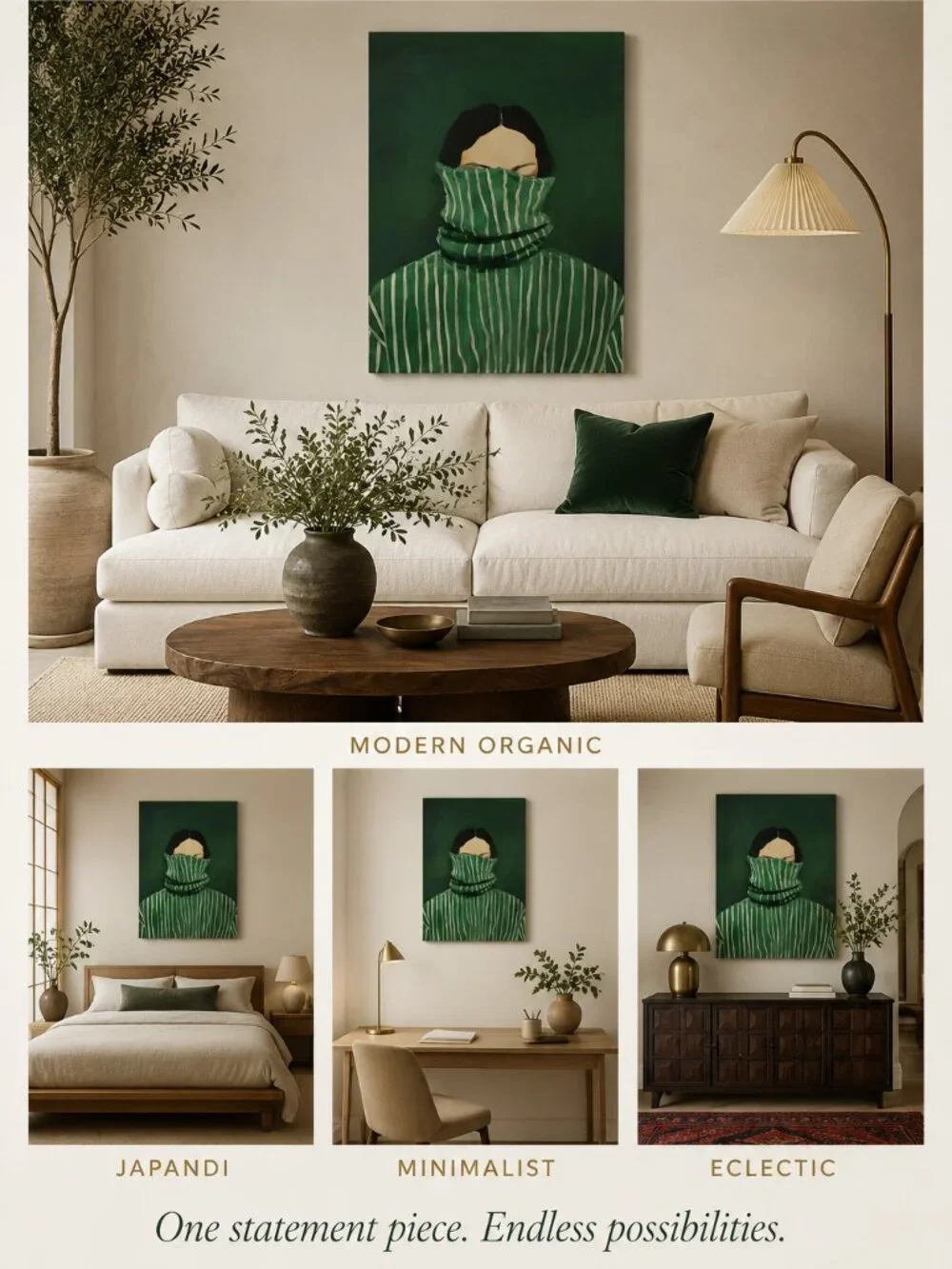 Emerald Green Abstract Woman Canvas Wall Art 16x24 Japandi Portrait
